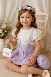 Girl Short Sleeve Lace Ribbed Top Skirt Set