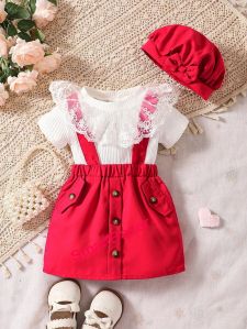 Red Cotton Baby Girl Lace Ribbed Top Skirt Set