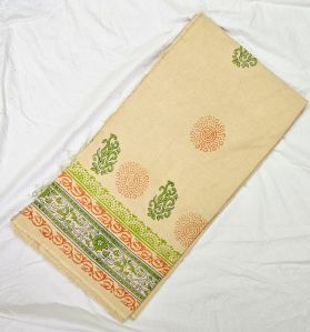 Cream Hand Block Printed Poly Cotton Kurta Fabric