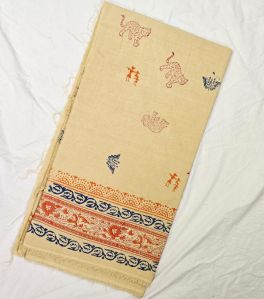 Cream Hand Block Printed Poly Cotton Kurta Fabric