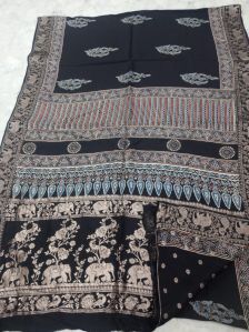 Black Hand Block Printed Dola Silk Saree