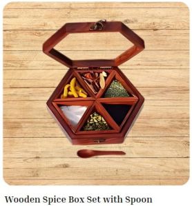 Wooden Spice Box Set Hexagon with Spoon