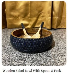 Wooden Salad Bowl with Spoon and Fork