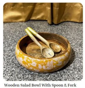 Wooden Salad Bowl with Spoon and Fork