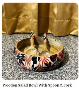 Wooden Salad Bowl with Spoon and Fork