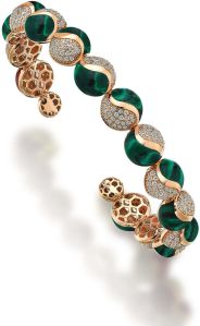 Malachite and Diamond Cuff Bracelet in 18K Yellow Gold, Green Enamel &AMP;AMP; Lab Grown Diamonds | 2.28 CT