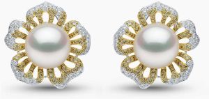 Sunrise Pearl & Diamond Floral Stud Earrings in 18K White Gold