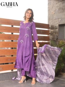 Russian Silk Embroidery Plain Kurta Pant Dupatta