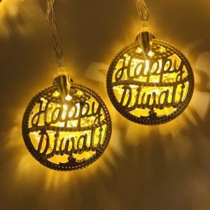 Happy Diwali Metal Round Shape LED Lights