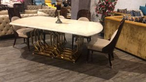 White Marble Top Metal Base Rectangular Dining Table