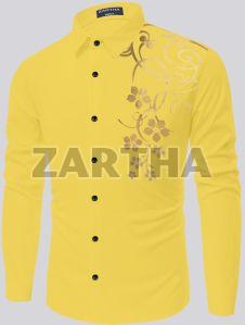 Mens Printed Cotton Yellow Shirt