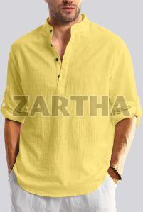 Mens Yellow Cotton Short Kurta Shirt
