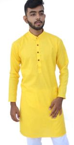 Pure Cotton Mens Yellow Plain Kurta