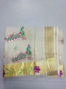 Kerala White And Gold Peacock Design Kerala Tissue Saree