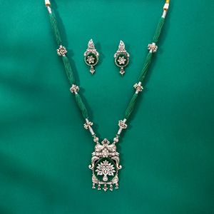 Silver Flower Design Mangalsutra Set with Green Thead