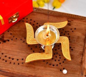 Brass Swastik Design Diya With Red Velvet Box