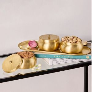 Golden Brass Dry Fruit Jar with Tray