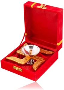 Brass Swastik Design Diya With Red Velvet Box