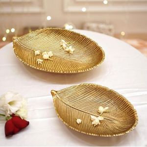 Set OF 2 Golden Leaf Shape Aluminium Tray