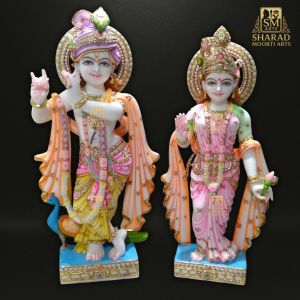 Painted Marble Radha Krishna Statue