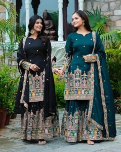 RST-051 Pure Chinnon Silk with Heavy Embroidery Full Sleeve Plazzo Set