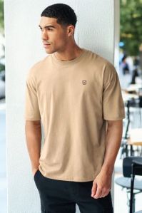 Mens Light Brown Solid Round Neck T Shirt