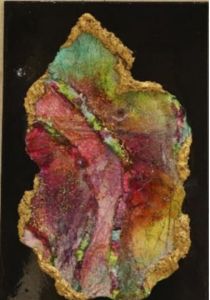 Handmade Abstract Flamingo Opal Art with Golden Textured Edges