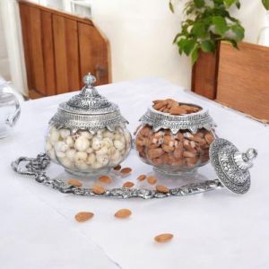 Silver Plated Dry Fruit Serving Set with Glass Jars