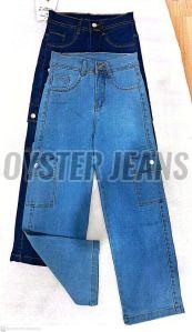 Blue Stretchable Girls Straight Fit Cargo Jeans with Side Pockets