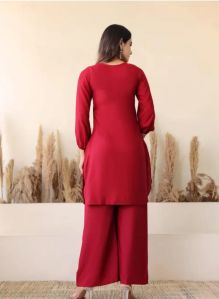 Red Ladies Plain Cotton Kurti With Palazzo