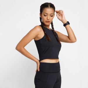Riyu Women\'s Polyester Casual Black Sleeveless Crop Top