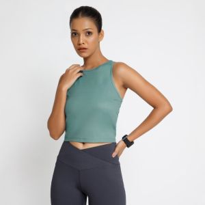 Riyu Women\'s Polyester Casual Green Sleeveless Crop Top