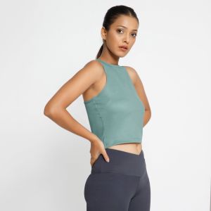 Riyu Women\'s Polyester Casual Green Sleeveless Crop Top