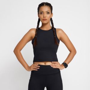 Riyu Women\'s Polyester Casual Black Sleeveless Crop Top