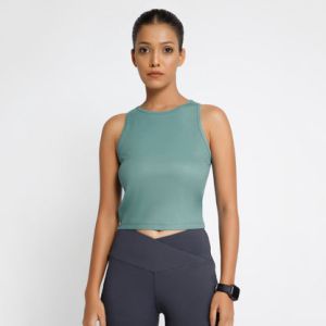 Riyu Women\'s Polyester Casual Green Sleeveless Crop Top