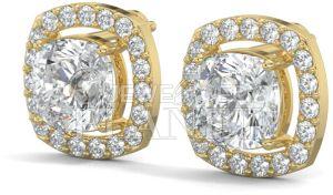 14K Gold Cushion Halo Diamond Stud Earrings