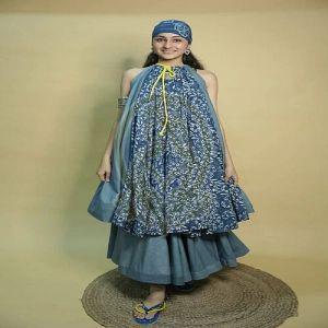 Ladies Blue Cotton Flared Indo Western Dress