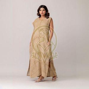 Ladies Brown Cotton Printed Maxi Dress