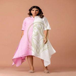 Ladies Pink Linen Asymmetric Western Dress