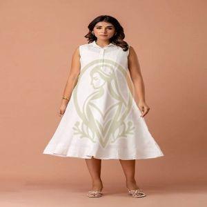 Ladies White Linen Flared One Piece Dress
