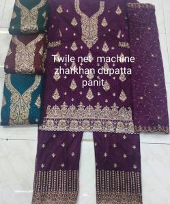 Purple Twile Net Fancy Jarkan Embroidered Suit Set