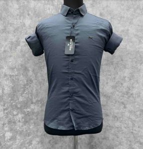 Plain Blue Cotton Blend Slim Fit Shirt