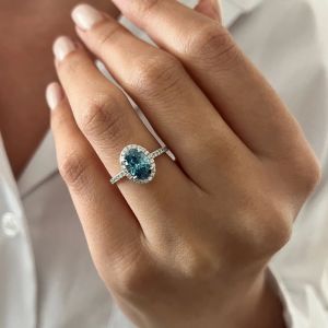 2.50Ct Oval Cut Lab Diamond Fancy Blue Solitaire Accent Engagement Ring 14K White Gold