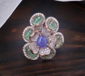Emerald Tanzanite Diamond Floral Ring Garden Cocktail Ring