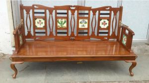 Tile Inlay Slat Backrest Wooden Bench