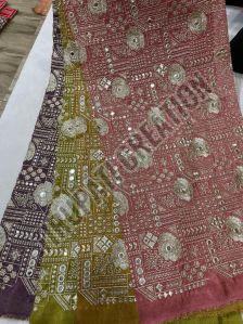 Embroidery &AMP; Mirror Work Kanchipuram Dyed Fabric