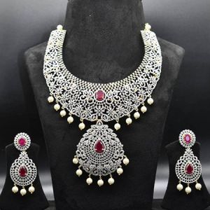 Exquisite Cubic Zirconia &AMP; Ruby Bridal Choker Necklace Set with Pearls