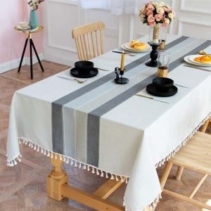 Modern Striped Tablecloth with Tassel Border