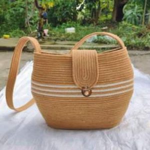 Bohemian Braided Jute Handbag with White Stripes