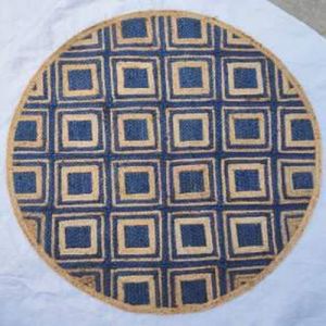 Round Jute Rug with Blue Geometric Pattern